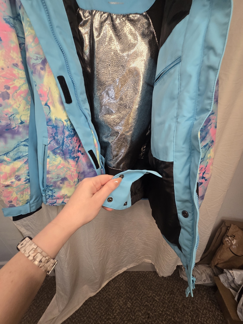 Women's Multicolor Hooded Ski Jacket L Augh So Amazing - Picture 9 of 16